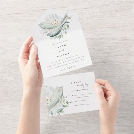 エレガントティール(緑がかった色)金ゴールド水中フローラ結婚魚 オールインワン招待状 (貼ってはがせる)