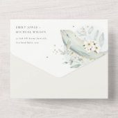 エレガントティール(緑がかった色)金ゴールド水中フローラ結婚魚 オールインワン招待状 (裏面)