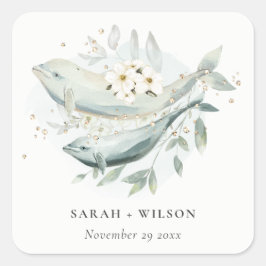 エレガントティール（緑がかった色）金ゴールド水中フローラ結婚魚 スクエアシール