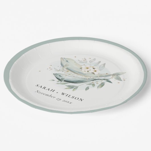 エレガントティール（緑がかった色）金ゴールド水中フローラ結婚魚 ペーパープレート (アングル)