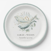 エレガントティール(緑がかった色)金ゴールド水中フローラ結婚魚 ペーパープレート (正面)