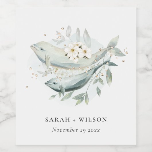 エレガントティール(緑がかった色)金ゴールド水中フローラ結婚魚 ワインラベル (シングルラベル)