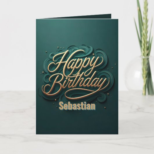 エレガントティール（緑がかった色）・金ゴールド渦巻形の書道誕生日 カード (正面)