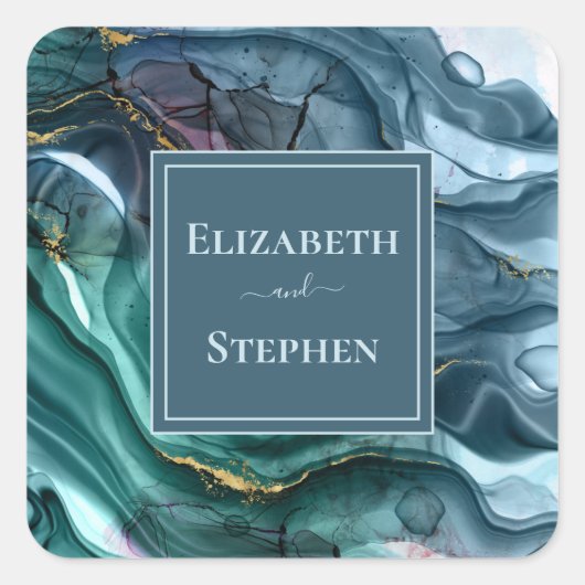 エレガントティール(緑がかった色)&金ゴールド結婚ズスクエアステッカー スクエアシール (正面)