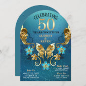 エレガントティール(緑がかった色)金ゴールド50周年結婚記念 招待状 (正面/裏面)