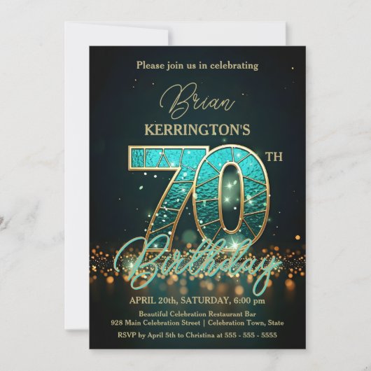 エレガントティール(緑がかった色)金ゴールド70誕生祝い 招待状 (正面)