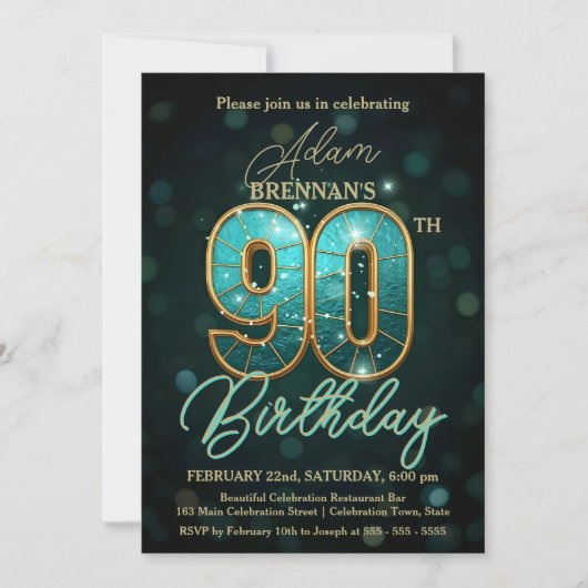エレガントティール(緑がかった色)金ゴールド90誕生祝い 招待状 (正面)