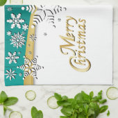 エレガントティール（緑がかった色）、金ゴールド、ホワイトクリスマス キッチンタオル (折り畳み)