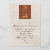 エレガントテラコッタと実在金ゴールドモノグラム結婚ズ 箔招待状 (正面)