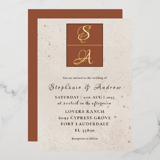 エレガントテラコッタと実在金ゴールドモノグラム結婚ズ 箔招待状 (正面/裏面)