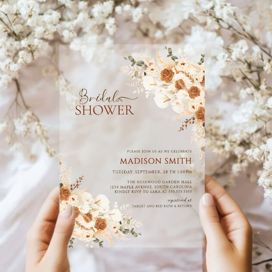 エレガントテラコッタフローラQRコードブライダルシャワー アクリル招待状