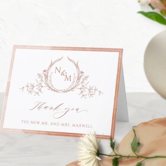 エレガントテラコッタモノグラム、水の色結婚の サンキューカード