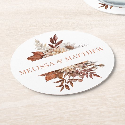 エレガントテラコッタ水彩フローラ結婚ズ ラウンドペーパーコースター (アングル)