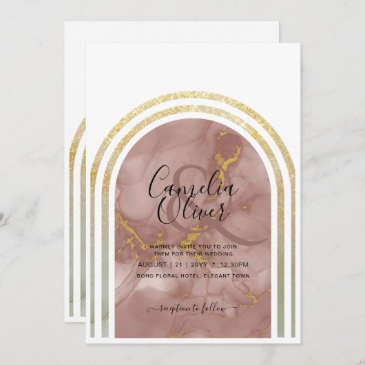 エレガントテラコッタ自然マーブル金ゴールド結婚アーチ 招待状 (正面/裏面)