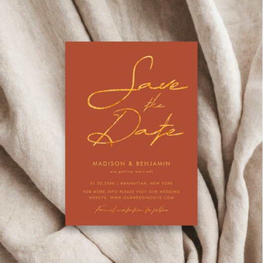 エレガントテラコッタ金ゴールドモダン結婚タイポグラフィ セーブザデート
