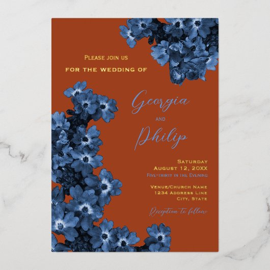 エレガントテラコッタ&ダスティブルーフラワー結婚ズ 箔招待状 (正面)