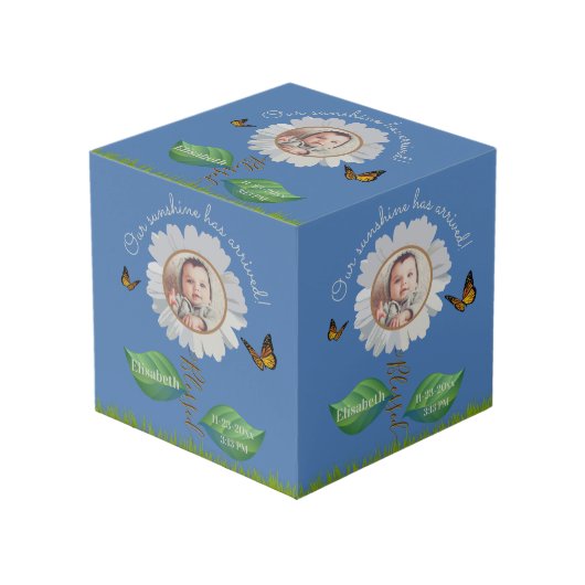 エレガントデイジーブルーフローラかわいいベビー写真&名前 フォトキューブ (正面アングル)