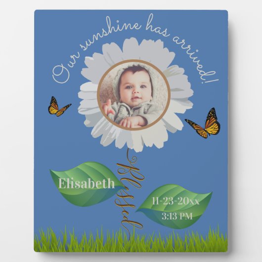 エレガントデイジーブルーフローラかわいいベビー写真&名前 フォトプラーク (正面)