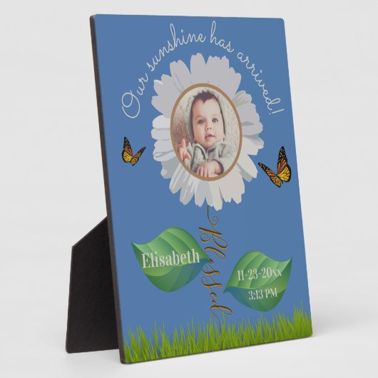 エレガントデイジーブルーフローラかわいいベビー写真&名前 フォトプラーク (側面)