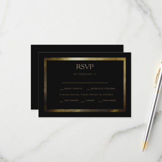 エレガントデイブラック&金ゴールドウェディングRSVPカード 出欠カード (正面/裏面インサイチュ)