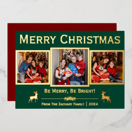 エレガントトナカイのクリスマスファミリー3写真 箔シーズンカード