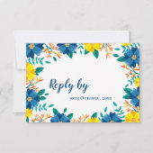 エレガントトレンディーかわいらしイエローブルーフローラ結婚ズ 出欠カード (正面)