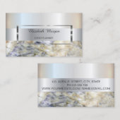エレガントトレンディーストライプシルバーフレーム、ブルーマーブル 名刺 (正面/裏面)