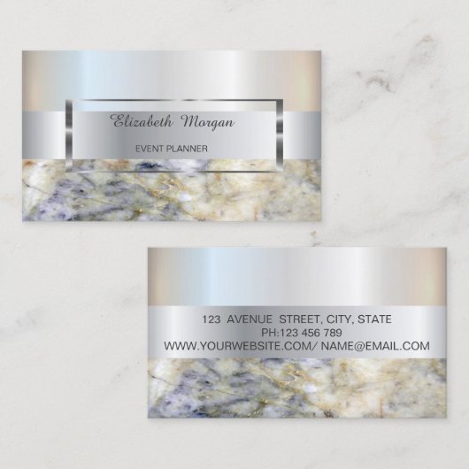 エレガントトレンディーストライプシルバーフレーム、ブルーマーブル 名刺 (正面/裏面)