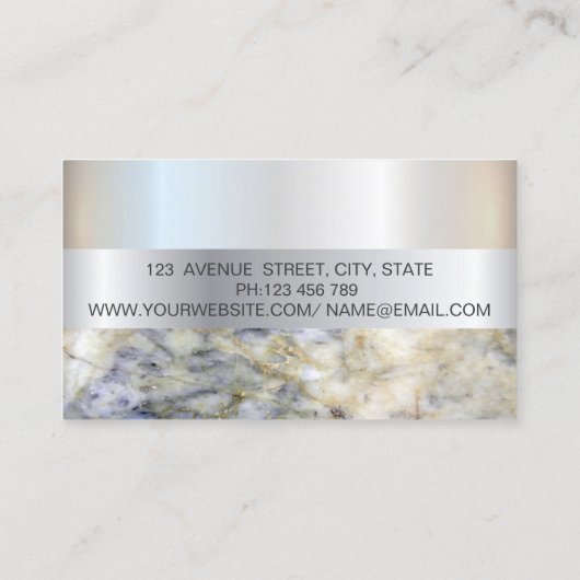 エレガントトレンディーストライプシルバーフレーム、ブルーマーブル 名刺 (裏面)