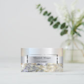 エレガントトレンディーストライプシルバーフレーム、ブルーマーブル 名刺 (スタンド正面)