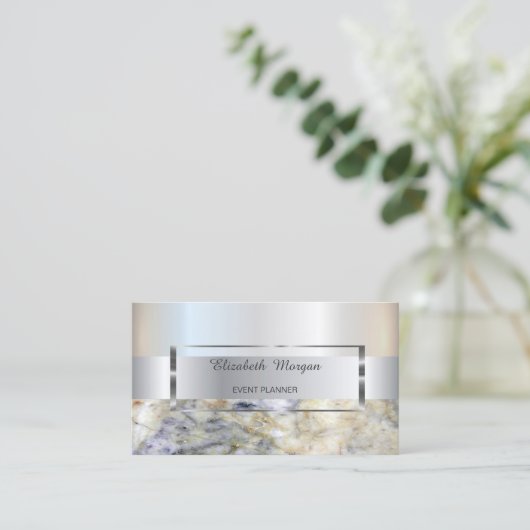 エレガントトレンディーストライプシルバーフレーム、ブルーマーブル 名刺 (スタンド正面)