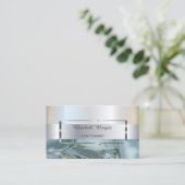 エレガントトレンディーストライプシルバーフレーム、大理石 名刺 (スタンド正面)