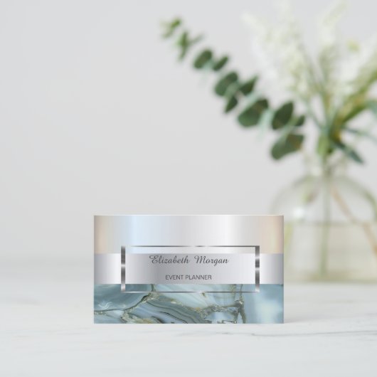 エレガントトレンディーストライプシルバーフレーム、大理石 名刺 (スタンド正面)