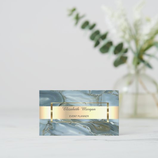 エレガントトレンディーストライプ金ゴールドフレーム、大理石 名刺 (スタンド正面)