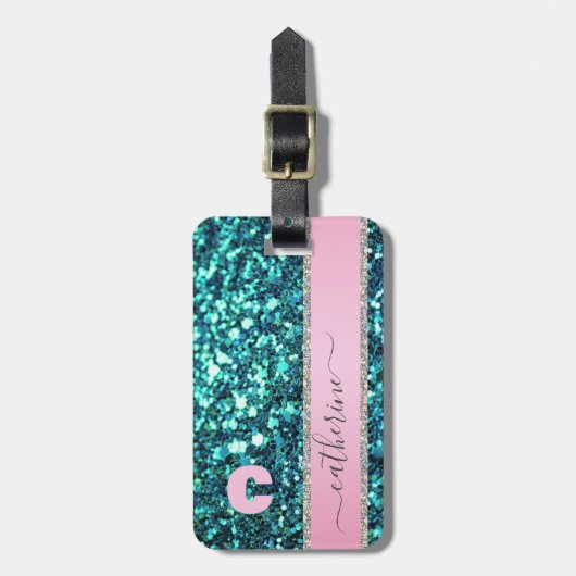 エレガントトレンディーティール(緑がかった色)ストリップグリッターモノグラムの名 ラゲッジタグ (正面縦)