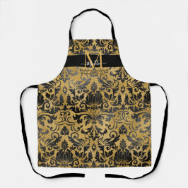 エレガントトレンディーブラックと金ゴールドグラムカスタムモノグラム エプロン