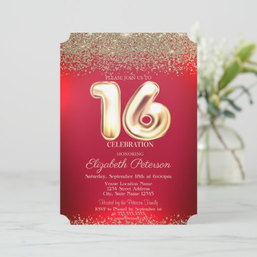エレガントトレンディーレッド金ゴールド紙吹雪ダイヤモンドスウィート16 招待状 (スタンド正面)