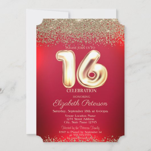 エレガントトレンディーレッド金ゴールド紙吹雪ダイヤモンドスウィート16 招待状 (正面)