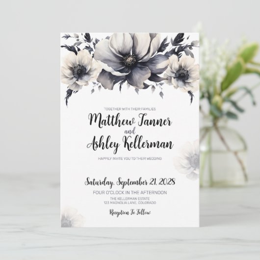 エレガントトレンディー白黒結婚フローラ 招待状 (スタンド正面)