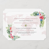 エレガントトロピカルフラワーロールド世界地図ウェディング 招待状 (正面/裏面)