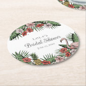 エレガントトロピカル フラミンゴ & ハイビスカス ブライダルシャワー ラウンドペーパーコースター (アングル)