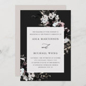 エレガントドラマチックな黒い葉フローラ結婚の 招待状 (正面/裏面)