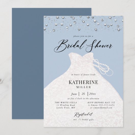 エレガントドレスドレスピアスダスティーブルーブライダルシャワー 招待状 (正面/裏面)