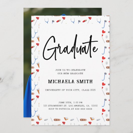 エレガントナース医療パターン卒業写真 招待状 (正面/裏面)