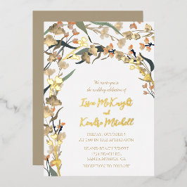 エレガントニュートラルベージュボホ結婚ボタニカル 箔招待状