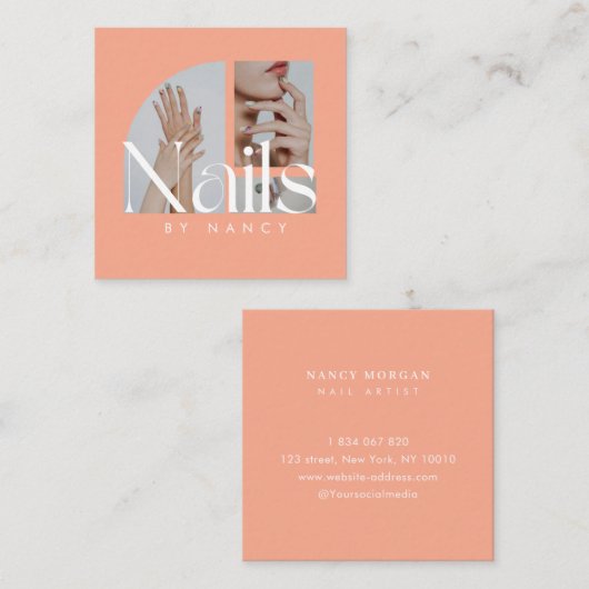 エレガントネイルサロンフォトコラージュピーチ スクエア名刺 (正面/裏面)