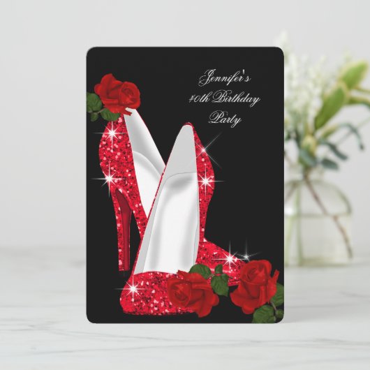 エレガントハイヒールレッドローズブラックバースデーパーティー 招待状 (スタンド正面)
