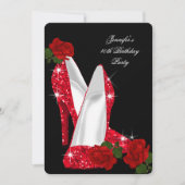 エレガントハイヒールレッドローズブラックバースデーパーティー 招待状 (正面)