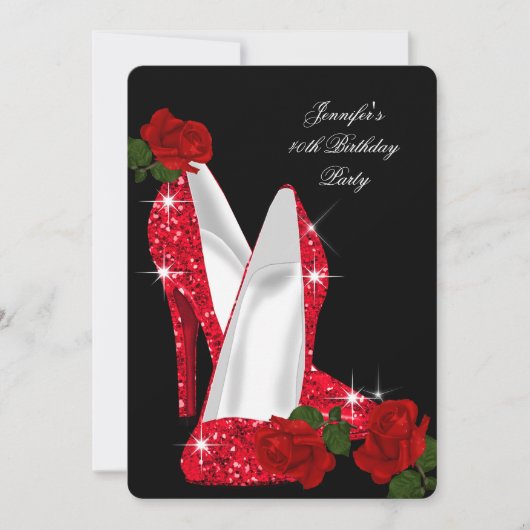 エレガントハイヒールレッドローズブラックバースデーパーティー 招待状 (正面)