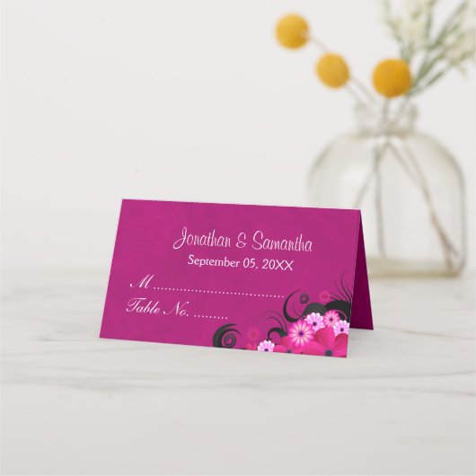 エレガントハイビスカスフローラ暗色明るい赤紫色折り畳みテーブル プレイスカード (裏面)